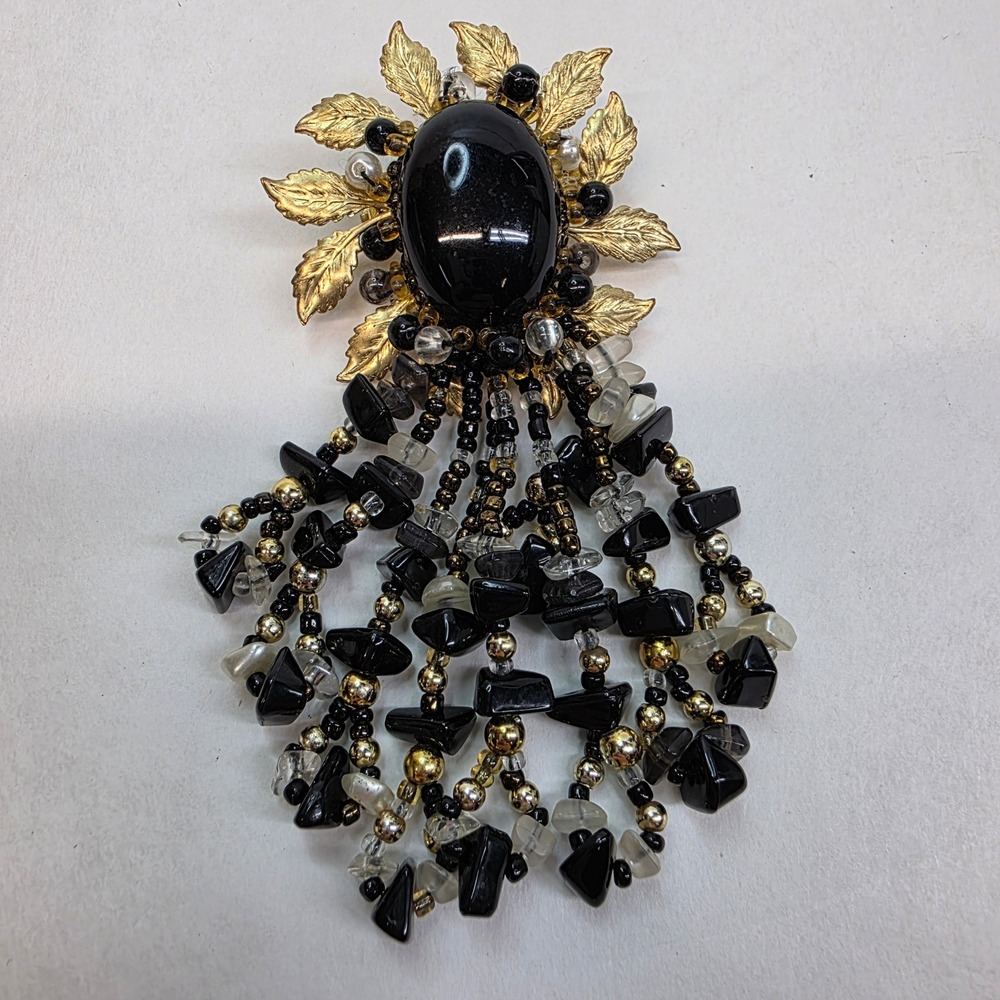 Statement Brooch Black Gold Beaded‎ Tassel Floral